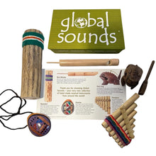 Load image into Gallery viewer, GLOBAL SOUNDS 5 PIECE MUSICAL INSTRUMENTS GIFT BOX | Includes, frog panpipes rainstick bird whistle | sample the musical delights and global sounds from Thailand, Indonesia and Peru