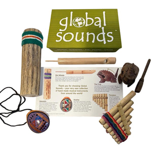 GLOBAL SOUNDS 5 PIECE MUSICAL INSTRUMENTS GIFT BOX | Includes, frog panpipes rainstick bird whistle | sample the musical delights and global sounds from Thailand, Indonesia and Peru