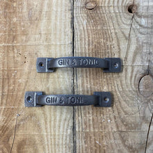Load image into Gallery viewer, Two Cast iron antique square D Gin and Tonic table plate handle bar / home bar / home pub / pub shed / pub gift
