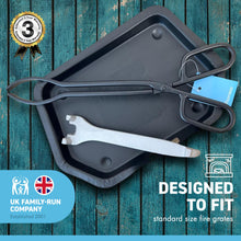 Load image into Gallery viewer, Traditional ash pan – 28cm wide (11") with handle and heavyweight cast iron tongs | Ideal for Standard Sized fire grates | ash pan for open fires | ash pan for log burners| fire ash pan