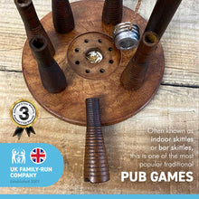 Load image into Gallery viewer, Handcrafted Bar skittles game Upcycled from antique spinning bobbins |wooden bowling set | Pub skittles set | table top skittles | Devil amongst the tailors | Indoor skittles
