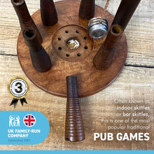 Load image into Gallery viewer, Handcrafted Bar skittles game Upcycled from antique spinning bobbins |wooden bowling set | Pub skittles set | table top skittles | Devil amongst the tailors | Indoor skittles