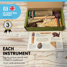 Load image into Gallery viewer, GLOBAL SOUNDS 5 PIECE MUSICAL INSTRUMENTS GIFT BOX | Includes, frog panpipes rainstick bird whistle | sample the musical delights and global sounds from Thailand, Indonesia and Peru