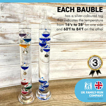 Load image into Gallery viewer, Set of Two 30cm Tall Free Standing Galileo Thermometers each with seven floating globes | measures temperatures from 16 degrees Centigrade to 28 degrees | also in Fahrenheit | Weather station