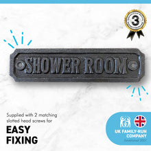 Load image into Gallery viewer, Cast Iron Antique Style SHOWER ROOM SIGN PLAQUE | 14.5cm (L) x 3cm (H) | supplied with Two Screws for Easy fixing
