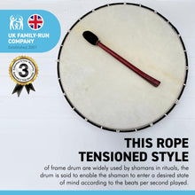Load image into Gallery viewer, Large 45cm diameter Shamanic Sami hand drum with wooden beater | frame drum | medicine | Viking / Pagan Hand Drum | wooden frame | rope weaved handles at the rear | deep resonant tone