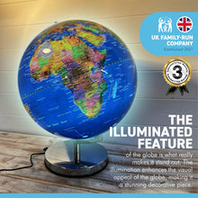 Load image into Gallery viewer, 30cm diameter colour illuminated globe with sturdy metal base | Interactive study globe | illuminated globes of earth | 30cm (w) x 40cm (h) | Illuminated globe for Children and Adults.