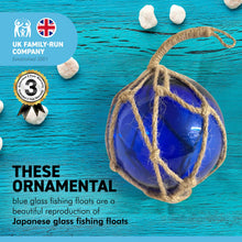 Load image into Gallery viewer, OCEAN BLUE GLASS FISHING FLOAT ORNAMENTAL SEA BUOY | hand blown | nautical seafaring fishing rustic décor | 10cm diameter | with rustic brown string netting and hanging loop | Japanese style glass fishing floats