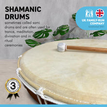 Load image into Gallery viewer, Large 50cm diameter Shamanic Sami hand drum with wooden beater | frame drum | medicine | Viking / Pagan Hand Drum | wooden frame | rope weaved handles at the rear | deep resonant tone