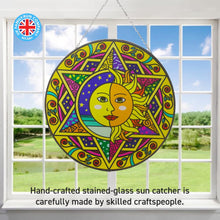 Load image into Gallery viewer, Sun and moon glass sun catcher | 150mm diameter with chain for hanging | colour catcher | window decoration | perfect for conservatory | living rooms | garden | garden hanging | suncatchers | rainbow
