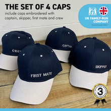 Load image into Gallery viewer, SET OF 4 NAUTICAL CAPS | CAPTAIN SKIPPER FIRST MATE and CREW Hats for the whole team