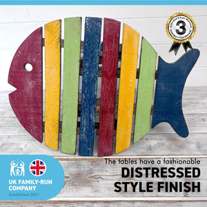 Small WOODEN FOLDING FISH shaped SIDE TABLE with distressed finish | Multi coloured | 40cm (L) x 30cm (W) x 32cm