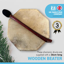 Load image into Gallery viewer, Shamanic Tribal Sami hand drum with wooden beater | frame drum | medicine | Indonesian Pagan Hand Drum | wooden frame | weaved handles at the rear | deep resonant tone