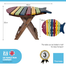 Load image into Gallery viewer, Small WOODEN FOLDING FISH shaped SIDE TABLE with distressed finish | Multi coloured | 40cm (L) x 30cm (W) x 32cm
