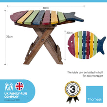 Load image into Gallery viewer, Small WOODEN FOLDING FISH shaped SIDE TABLE with distressed finish | Multi coloured | 40cm (L) x 30cm (W) x 32cm
