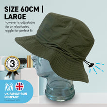 Load image into Gallery viewer, COUNTRY GREEN 60cm SHOWERPROOF BRIMMED TRILBY BUCKET STYLE HAT | Water-Repellent Bucket style Hat | 100% cotton | lightweight and breathable |foldable | Elasticated toggle for adjustable size
