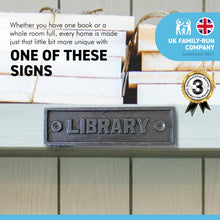 Load image into Gallery viewer, Cast Iron Antique Style LIBRARY PLAQUE SIGN | 15cm (L) x 4cm (H) | Ideal for bookshelves, walls, or doors