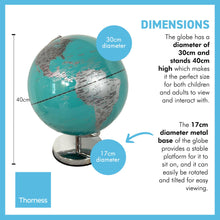 Load image into Gallery viewer, 30cm diameter Turquoise Oceans illuminated globe with sturdy metal base | Interactive study globe | illuminated globes of earth | 30cm (w) x 40cm (h) | Illuminated globe for Children and Adults.
