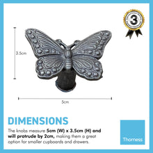 Load image into Gallery viewer, 4 x CAST IRON BUTTERFLY SHAPED DRAWER KNOBS for Kitchen cupboards | Cast Iron Antique style finish | Vintage charm meets modern functionality | 5cm wide x 2cm depth | Draw cabinet pull knob.