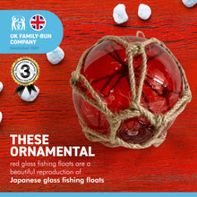 Load image into Gallery viewer, DEEP RED GLASS FISHING FLOAT ORNAMENTAL SEA BUOY | hand blown | nautical seafaring fishing rustic décor | 10cm diameter | with rustic brown string netting and hanging loop