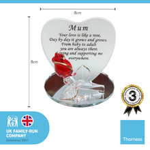 Load image into Gallery viewer, Frosted Glass Heart shaped Plaque with heartfelt moving verse for Mum | Unique gift for your mother | Includes red glass rose with gold edging on a mirror plinth | Gift Boxed with matching ribbon