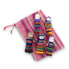 Load image into Gallery viewer, Set of 4 Guatemalan handmade Worry Dolls with a colourful crafted storage bag
