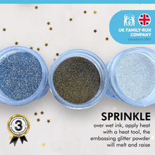 Load image into Gallery viewer, WOW! 3 piece Embossing Glitter Winter Collection| 3 x 15ml pots | Silver Sparkle Silver Snow and Metallic Gold Rich| Free your creativity and enhance your card making sparkle | High-quality and NON-TOXIC