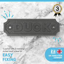 Load image into Gallery viewer, Cast Iron Antique Style DUCK PLAQUE SIGN | 10cm (L) x 3cm (H) | CAST IRON LOW BEAM DUCK SIGN
