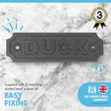 Load image into Gallery viewer, Cast Iron Antique Style DUCK PLAQUE SIGN | 10cm (L) x 3cm (H) | CAST IRON LOW BEAM DUCK SIGN