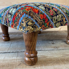 Load image into Gallery viewer, Classic Brocade, Diagonal Patchwork, Embroidered, Indian Footstool - Blue.