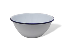 Load image into Gallery viewer, White Enamel Blue Rim Pudding Bowl Oven Tin Dish 20CM