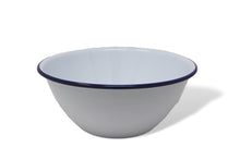 Load image into Gallery viewer, White Enamel Blue Rim Pudding Bowl Oven Tin Dish 20CM
