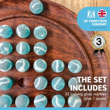 Load image into Gallery viewer, 22cm Diameter WOODEN SOLITAIRE BOARD GAME with ICEBERG GLASS MARBLES