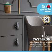 Load image into Gallery viewer, Pack of 2 CAST IRON FUNKY BUG DRAWER KNOB for Kitchen cupboards | Cast Iron Antique style | Vintage charm meets modern functionality | 5cm (L) x 2cm (D)