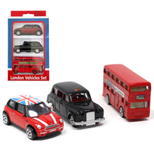 Load image into Gallery viewer, Three Piece Iconic London die cast toy car set includes Taxi, Red London double decker bus and BMW Mini / London souvenirs / Union Jack flag / Holiday gifts / British Gifts