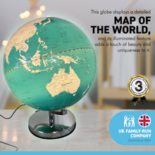 Load image into Gallery viewer, 30cm diameter Turquoise Oceans illuminated globe with sturdy metal base | Interactive study globe | illuminated globes of earth | 30cm (w) x 40cm (h) | Illuminated globe for Children and Adults.