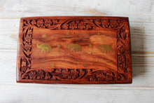 Load image into Gallery viewer, Flower Pattern Wooden Brass Elephants Treasure Chest Trinket Box