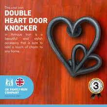 Load image into Gallery viewer, Cast Iron antique style Double Heart Door Knocker | The size of this door knocker is 15cm (L) x 14cm (W) | Fixing Screws Supplied