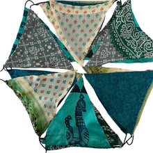 Load image into Gallery viewer, RECYCLED SARI FABRIC BUNTING | Green colours | 5m long | Garland for Garden Wedding Birthday Indoor Outdoor Party Decoration Festival | Diwali bunting | Bohemian Bunting
