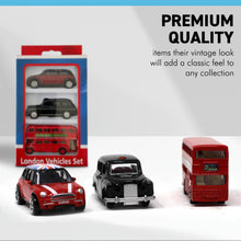 Load image into Gallery viewer, Three Piece Iconic London die cast toy car set includes Taxi, Red London double decker bus and BMW Mini / London souvenirs / Union Jack flag / Holiday gifts / British Gifts