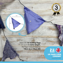 Load image into Gallery viewer, RECYCLED SARI FABRIC BUNTING | Purple colours | 5m long | Garland for Garden Wedding Birthday Indoor Outdoor Party Decoration Festival | Diwali bunting | Bohemian Bunting | Fair Trade