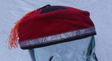 Load image into Gallery viewer, Red medium Tibetan trim smoking / thinking / lounging cap with tassels