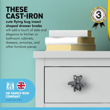 Load image into Gallery viewer, CAST IRON CUTE FLYING BUG INSECT SHAPED DRAWER KNOB for Kitchen cupboards | Cast Iron Antique style finish | Vintage charm meets modern functionality | 4.5cm wide x 2cm depth | Draw cabinet pull knob.