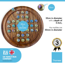 Load image into Gallery viewer, 30cm Diameter WOODEN SOLITAIRE BOARD GAME with SOAP BUBBLE CLEAR PEARLESCENT GLASS MARBLES | classic wooden solitaire game | strategy board game | family board game | games for one | board games