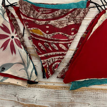Load image into Gallery viewer, Recycled Sari Fabric RECYCLED SARI FABRIC BUNTING | Red colours | 5m long | Garland for Garden Wedding Birthday Indoor Outdoor Party Decoration Festival | Diwali bunting | Bohemian Bunting- Deep Reds 5m Long Festival Flags- Garland - Party Decoration