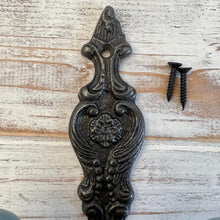 Load image into Gallery viewer, CAST IRON FRENCH STYLE DOUBLE ORNATE HOOKS | Duck Egg Blue Ceramic Ball Tops | Cloakroom Hook | Decorative Double Hook, hat and coat hook | 15cm x 11cm.