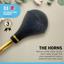 Load image into Gallery viewer, Large 40cm long Replica vintage bulb honky horn with black rubber plunger | Air horn | clown horn | Squeeze horn | taxi horn rubber bulb bugle horn | Retro style hooter | bike car