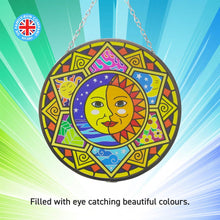 Load image into Gallery viewer, Glass sun catcher with sun and moon design | 150mm diameter with chain for hanging | colour catcher | window decoration | perfect for conservatory | living rooms | garden | garden hanging | suncatcher