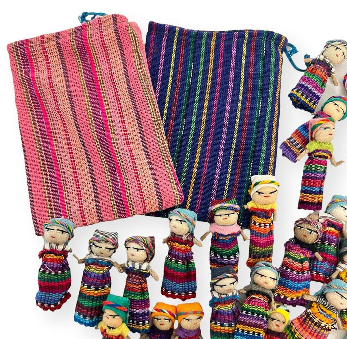 Guatemala Worry Dolls Set of 12 – 5.5 x 1cm Traditional Trouble Dolls with  Cute Storage Bag and Extra Keychain Doll – Fun Vibrant Colors – Woven