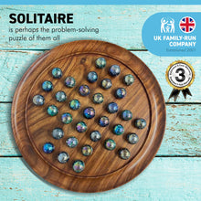 Load image into Gallery viewer, 30cm Diameter WOODEN SOLITAIRE BOARD GAME with JUPITER SPECKLED BLUE GREEN GLASS MARBLES